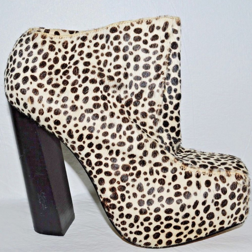 SENSO DIFFUSION SAFFRON 7 M 38 LEOPARD PRINT PONY HAIR PLATFORM BOOTIES 5" HEELS